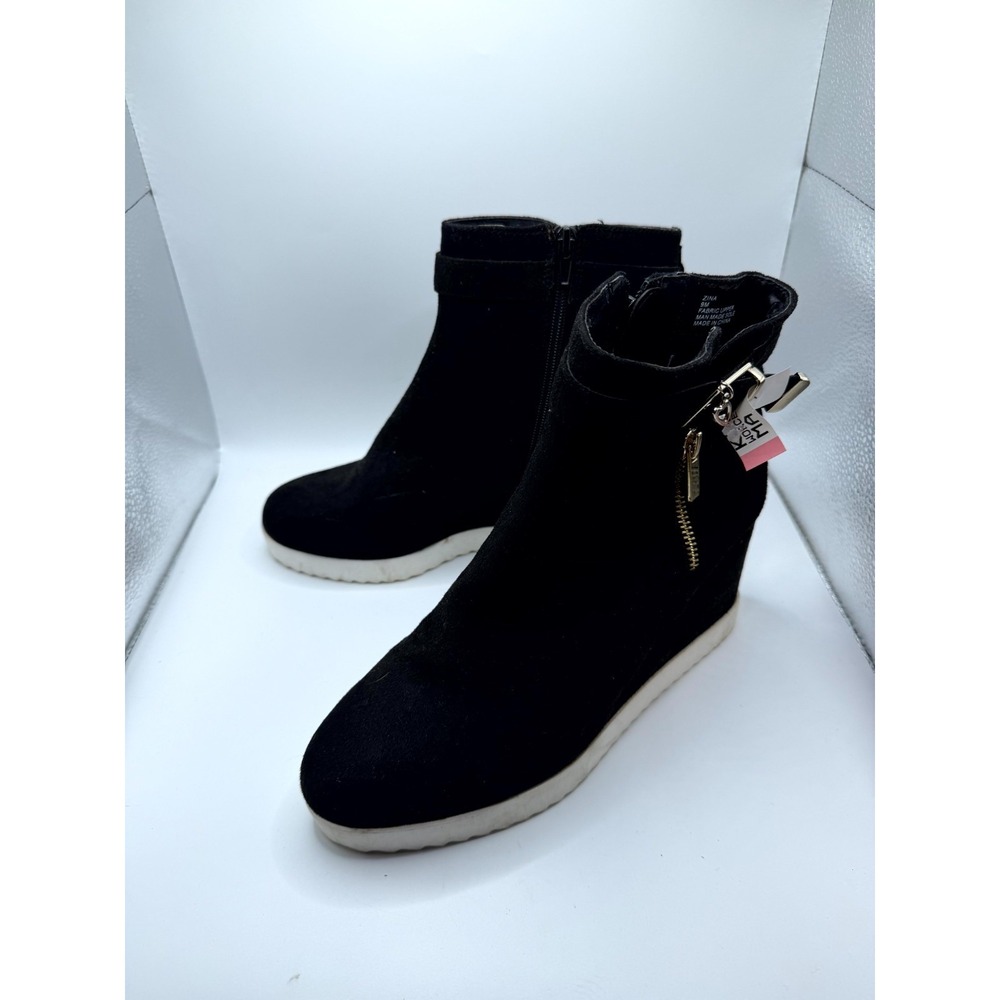 Thalia Sodi Zina Womens 9 M Bootie Black Suede Round Toe Side Zip Wedge Boot